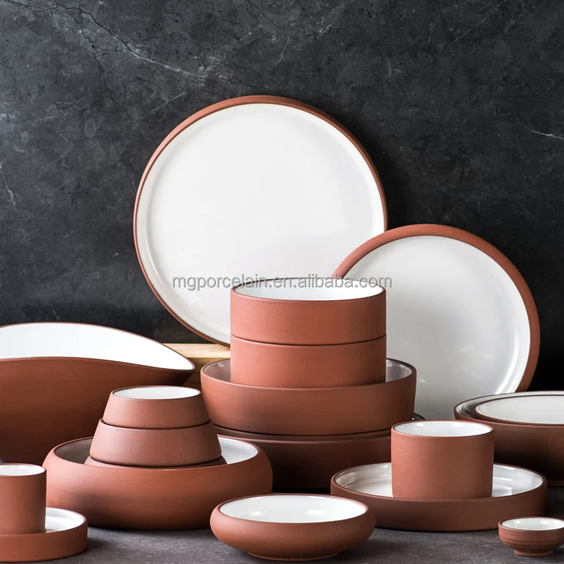 The themed restaurant hotel buffet casual ceramic crockery stoneware colour clay white round serving salad pasta plates 2 in 1