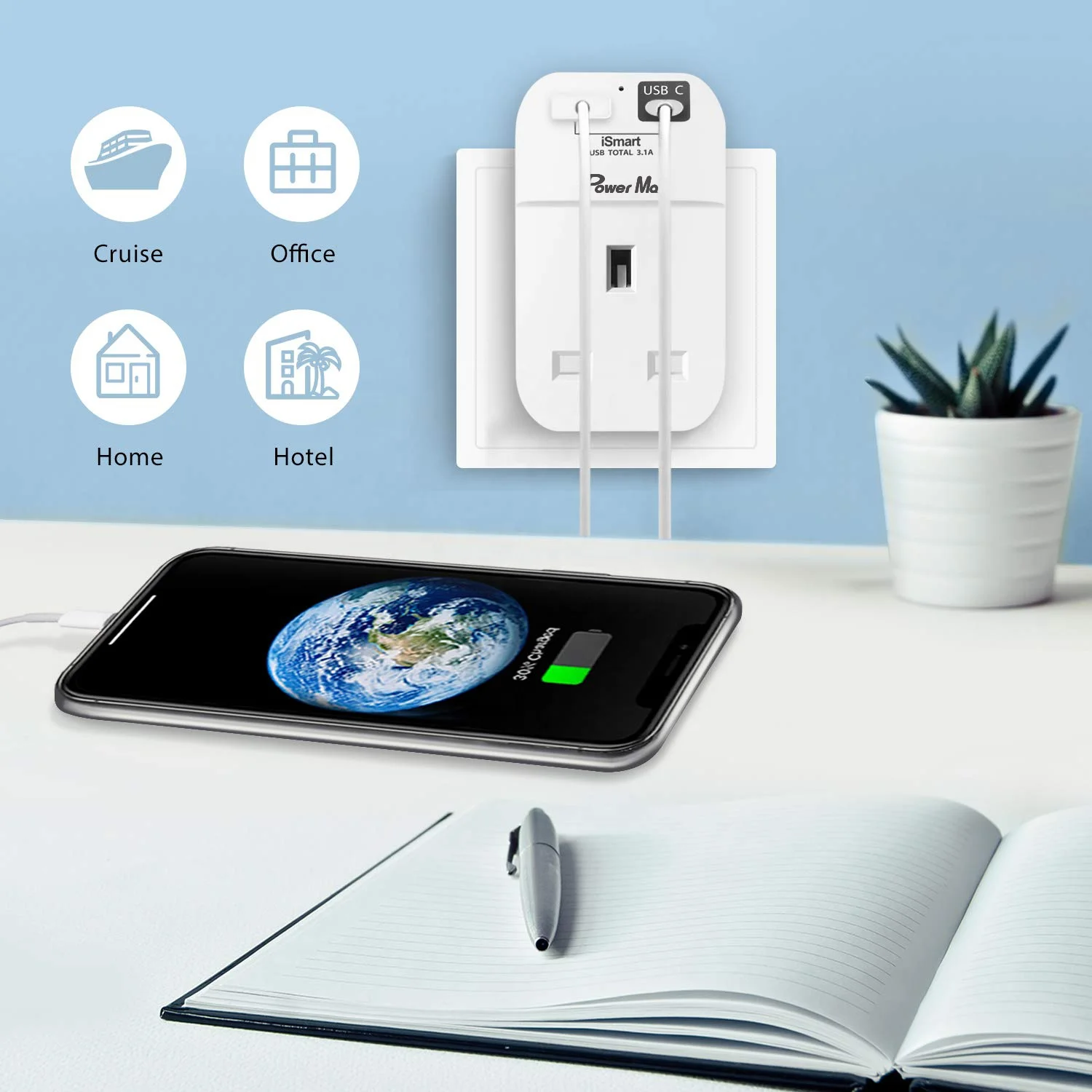 USB Plug Adaptor UK 13A Wall Socket Adapter, Wall Plug Extension with 2 USB Slots, Mini & Portable for Home/Office/Travel