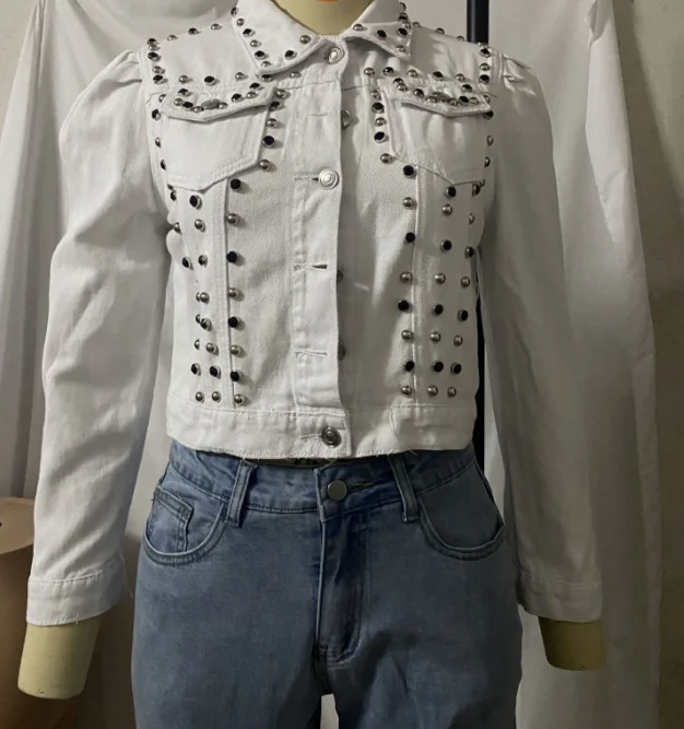 White coat bubble puffy sleeve crop jacket ladies bead rivet fall denim jackets women