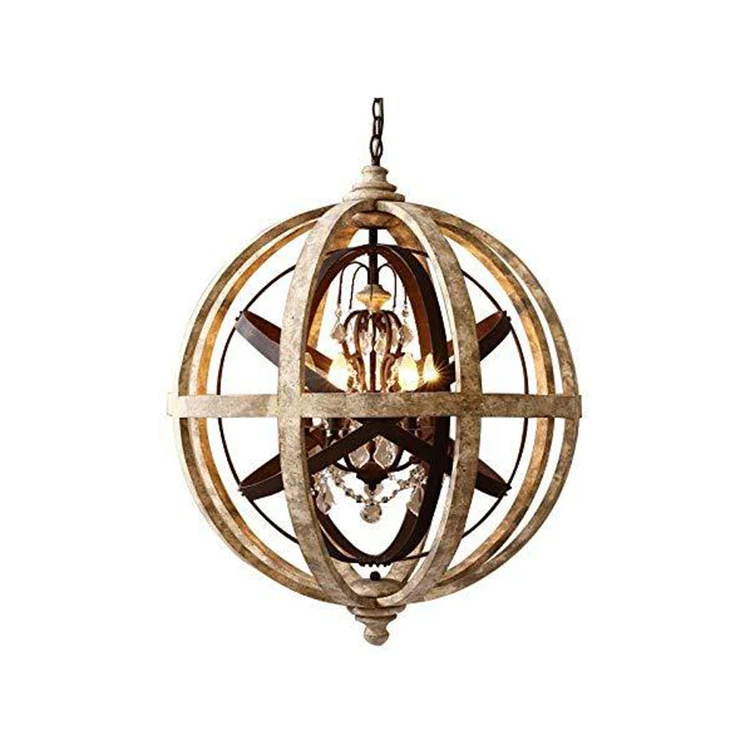 Изготовленный на заказ оптовая продажа Американская страна Ретро стиль деревенская резная деревянная железная шаровая люстра Подвесная лампа