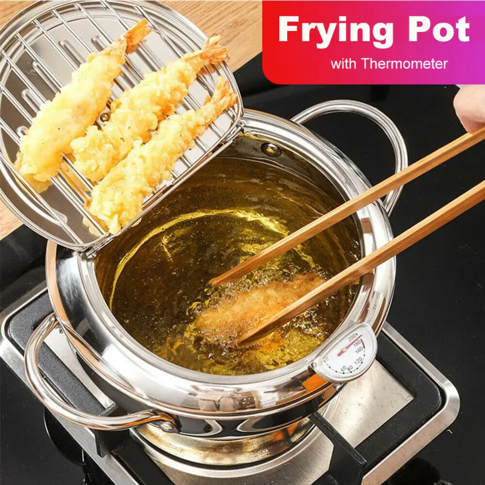 304 Stainless Steel Tempura Deep Fryer Pot With Thermometer And Oil Drip Rack Lid For Chicken Fries Fish Shrimp Oil Frying Pan