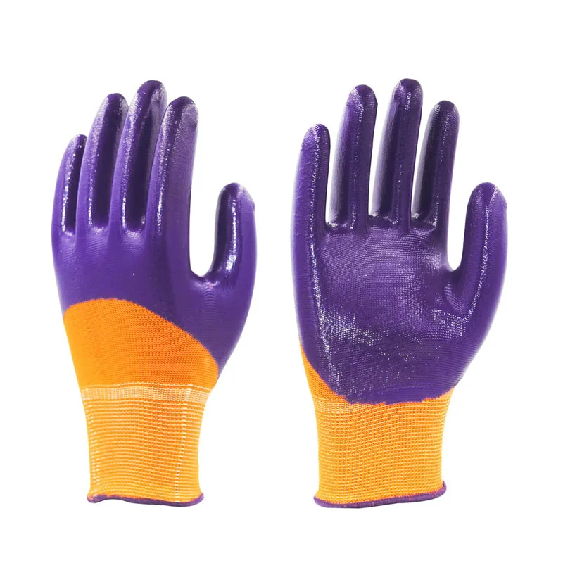 High Quality Polyester Dipped Double Finger Dipped Construction 13G Nylon Orange Nitrile Half Coated Garden Work Gloves