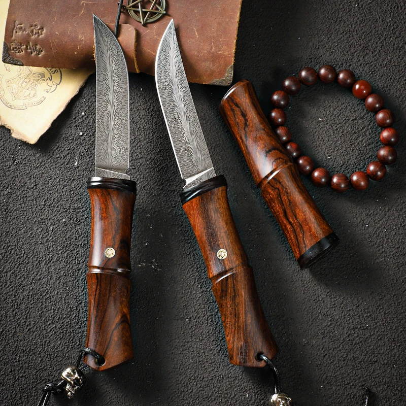 Amazing top quality Damascus steel Pocket Knife Forged feather patterned blade with American Desert Iron Wood