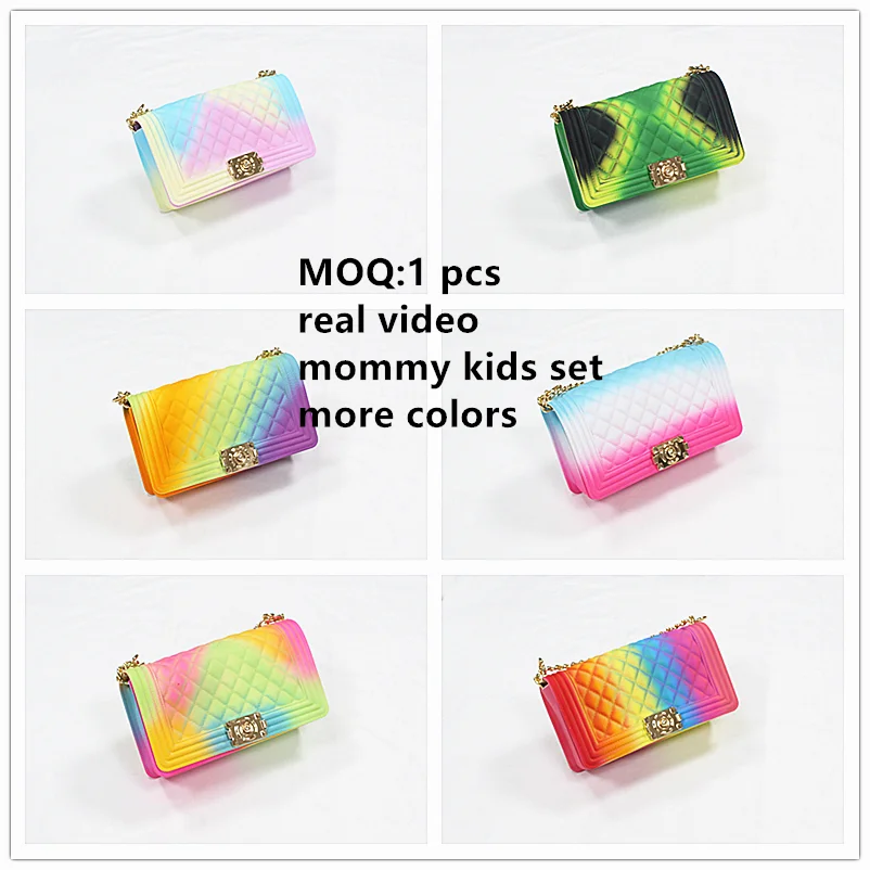 free samples on sale trend fashion rainbow gradient pvc bags jelly bag with popular shoe real fur slides purse and handbags