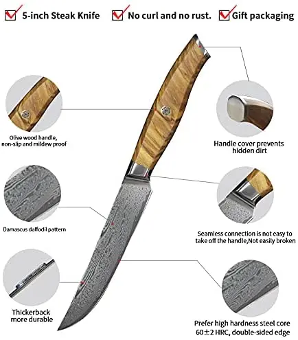 Olive wood handle Japanese AUS-10 damascus steel VG10 steak knife set with bamboo wood box