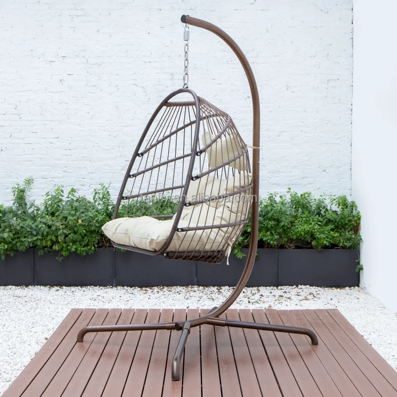 Foldable Wicker Hanging Egg Chair Rope Swing Chair Rattan Outdoor  Patio Swing With Metal Stand