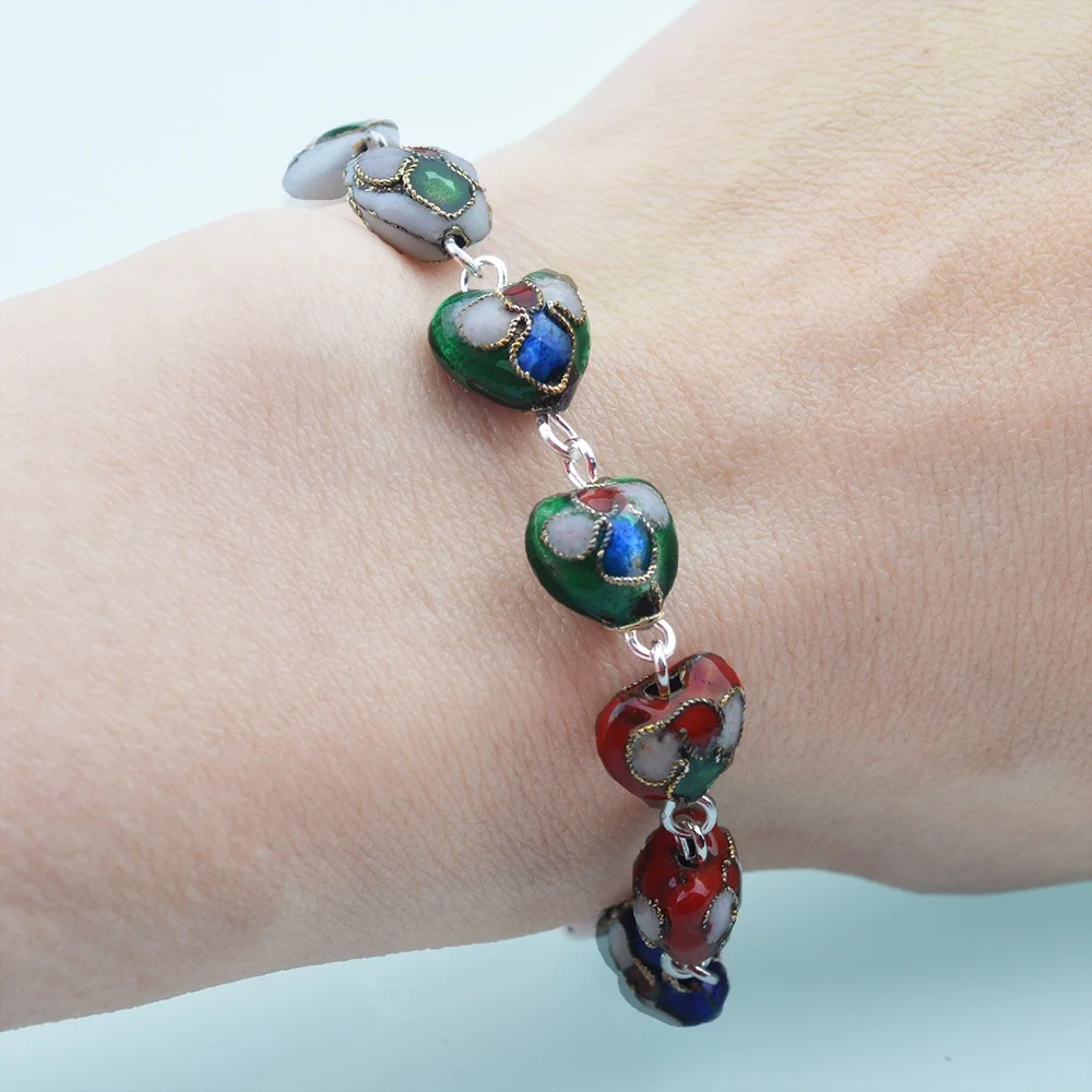 Catholic Gift Colored Heart Wrist Chain Bracelet Cloisonne Rosary Bracelets With Cross