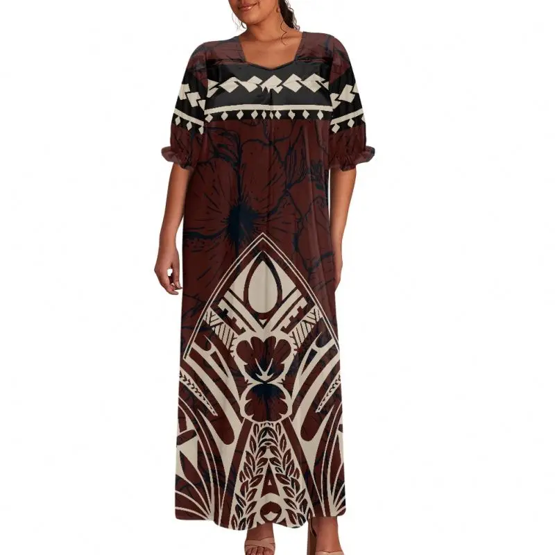 Tribal Tattoo Art Maxi Dress Women Elegant Temperament Square Collar Dresses Polynesian Style Fashion island dresses loose