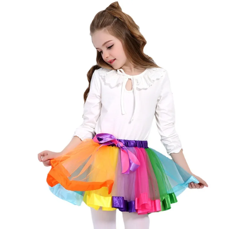 0-8Y Factory Wholesale Soft Tulle Layered Rainbow Tutu Skirts Kid Girl Mini Skirt With Ribbon Children Kids Ballet Petticoats