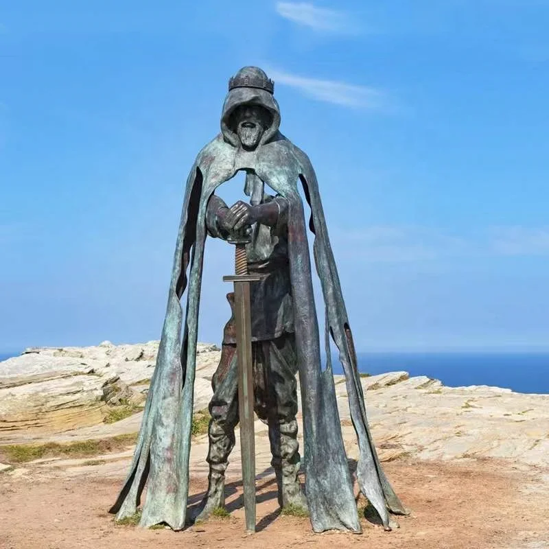 Public Space Sculpture Bronze Antique Middle Ages Standing Old Man Warrior Statue with Sword