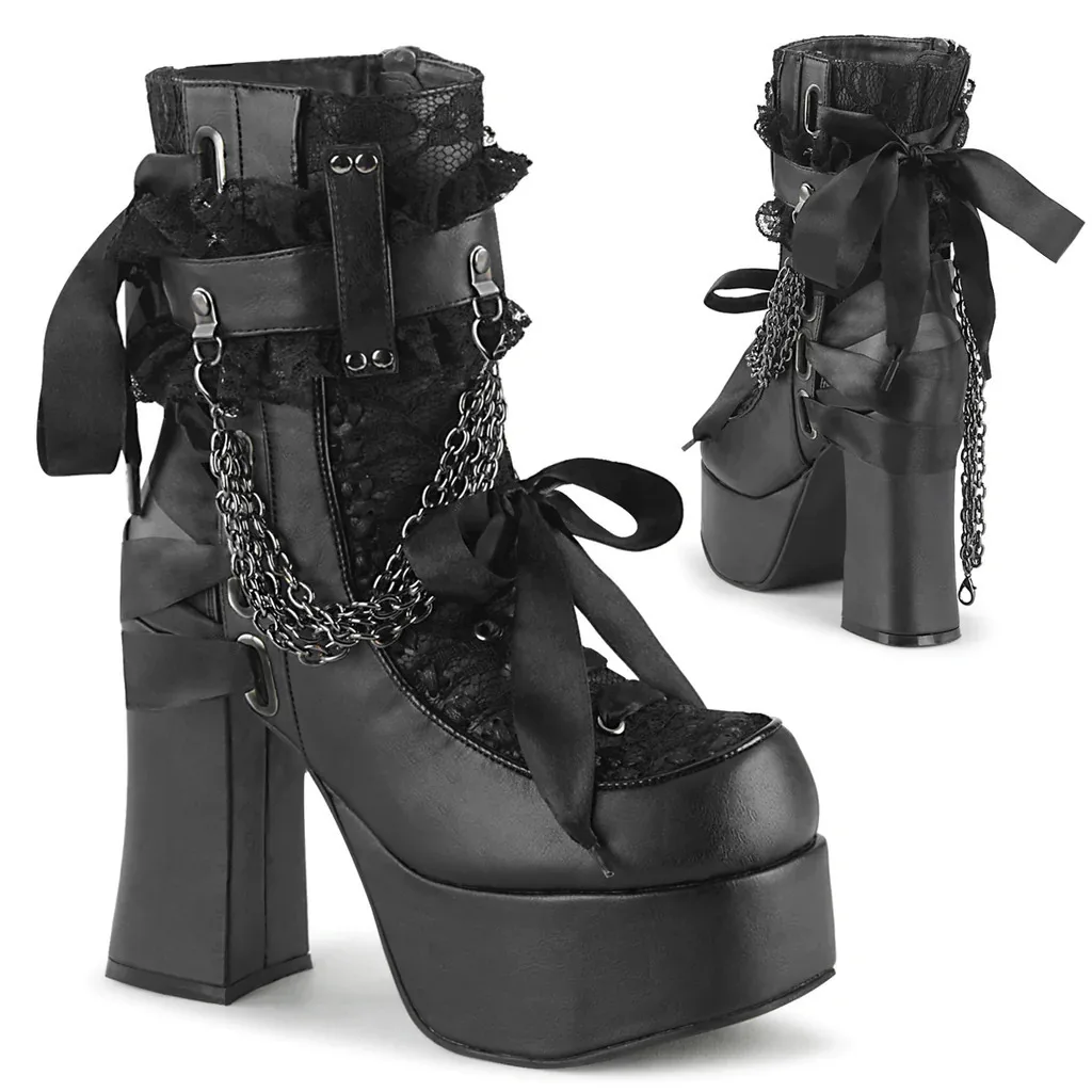 New Arrival Women High Ankle Gothic Boot Zip-up Ankle Punk Boot Shoe with Chain Punk Style Chunky High Platform Leather