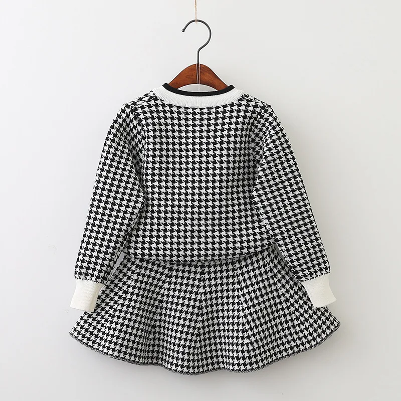 Girls Houndstooth Knit Set Black and White Plaid 2019 New Korean  Long Sleeve Sweater Cardigan Skirt 2 Pieces Children Set