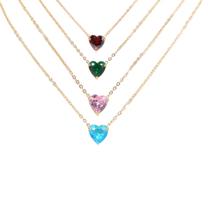 Fashion 12 Birth Stones Heart Necklace Stainless Steel Zircon Gold Plated Twelve Crystal Rhinestone Colorful Pendants Chain