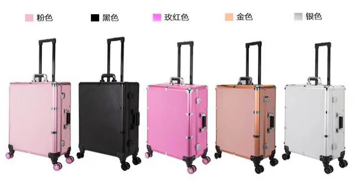 Black pink  golden 6 LEDs Makeup Station Train Case 360 degree Removable Travel Wheels Studio Artist for Artist makeup