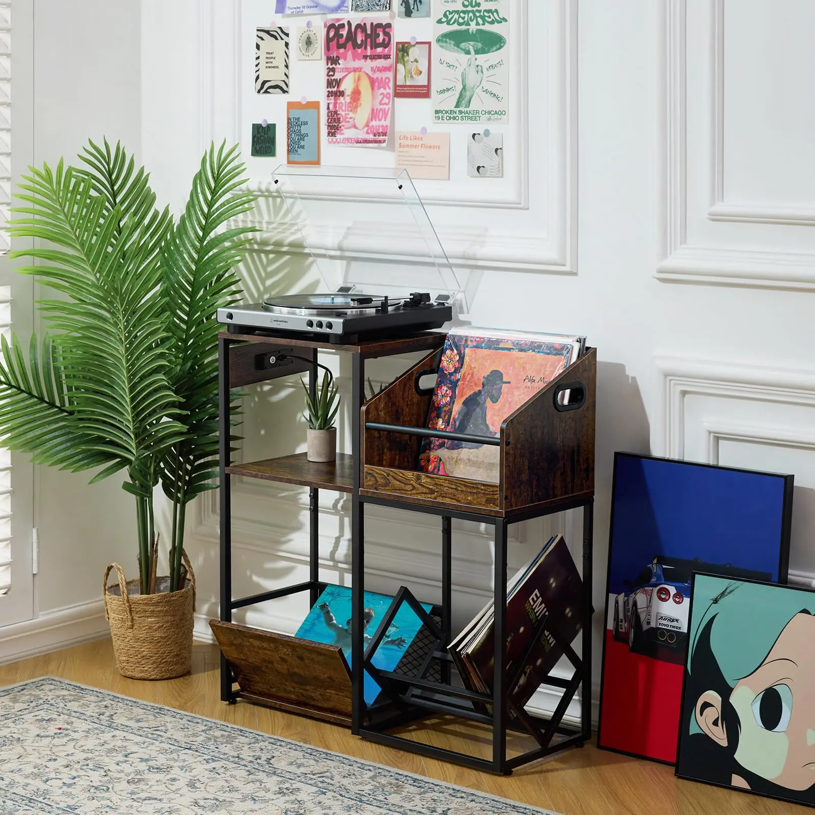 Record Player Stand with Vinyl Storage Shelf End Table with Charging Station Turntable Stand with Removable Record Holder