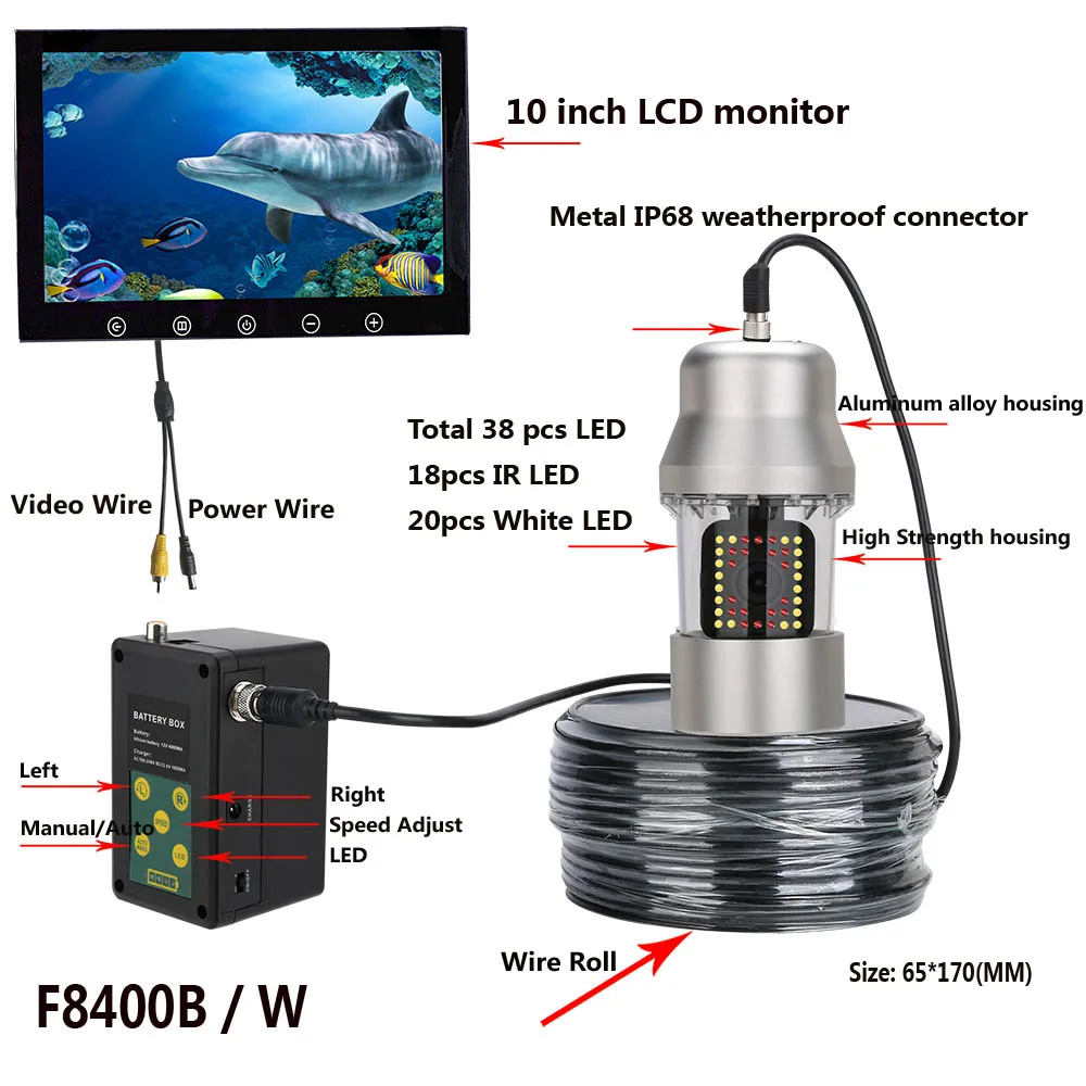 
10 Inch 20m 50m 100m 360 Degree Rotating Underwater Fishing Camera Fish Finder with IP68 Waterproof 38 LEDs for Ice Sea Fishing 