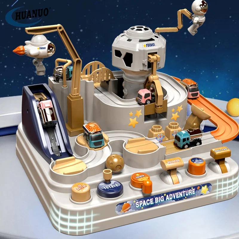 2024 Popular Kids Educational Slot Rail Vehicle Parking Lot Space Rescue Track Race Car Big Adventure Toys With 3 Cars