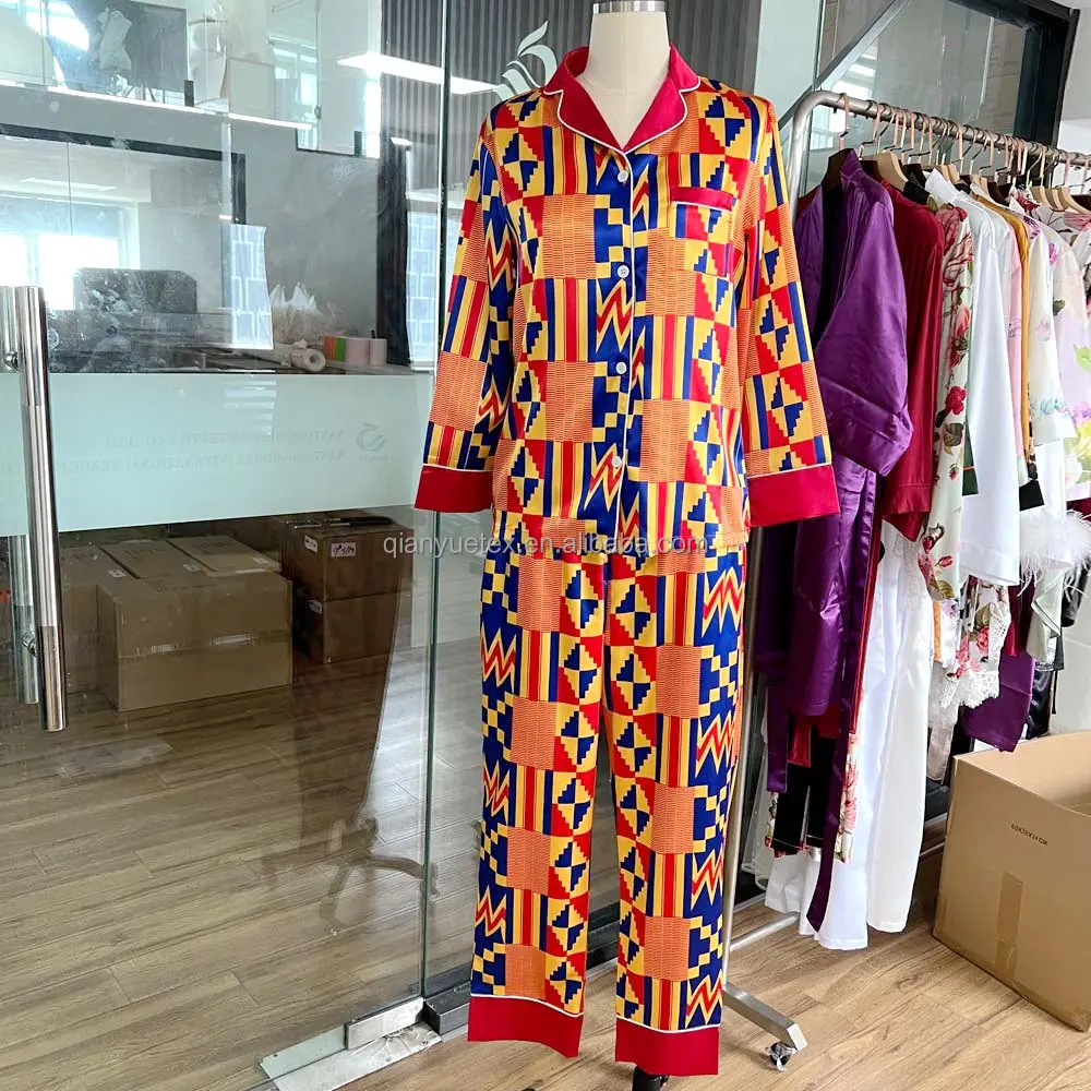 Custom Digital Printed Woman Pyjamas Suit Long Sleeve and Pants Floral Pijamas Silk Satin Women Pajamas Set