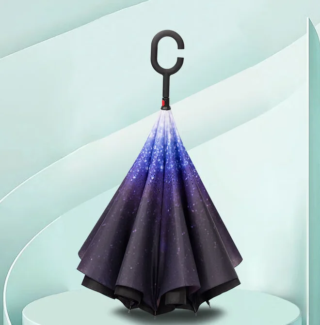 High Quality C Shaped Handle Windproof  Inverted C Shape Rain Sun Portable Straight Automatic Reverse  Custom Umbrella With logo