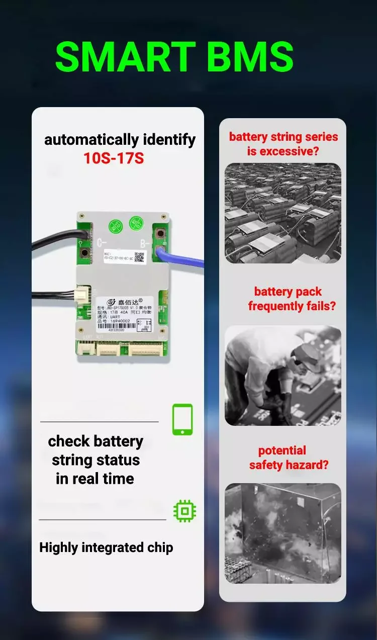 JBD Smart bms SP17S005 20A 30A Автоматическая идентификация 10S-17S один порт с балансиром и