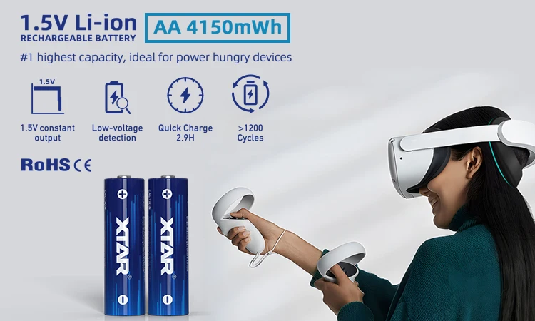 XTAR NEW super double AA 4150mWh 1.5v li ion rechargeable baterias recarregveis 1.5 volt aa cylindrical lithium batteries