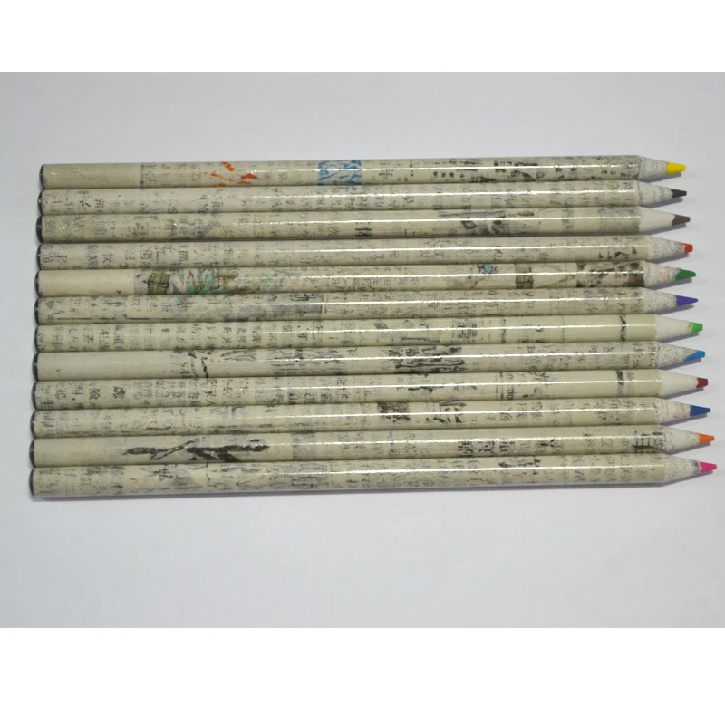 Pomotional customized logo 7 inches 12 colors recycled Chinese Newspaper pencil straight cut end for kids