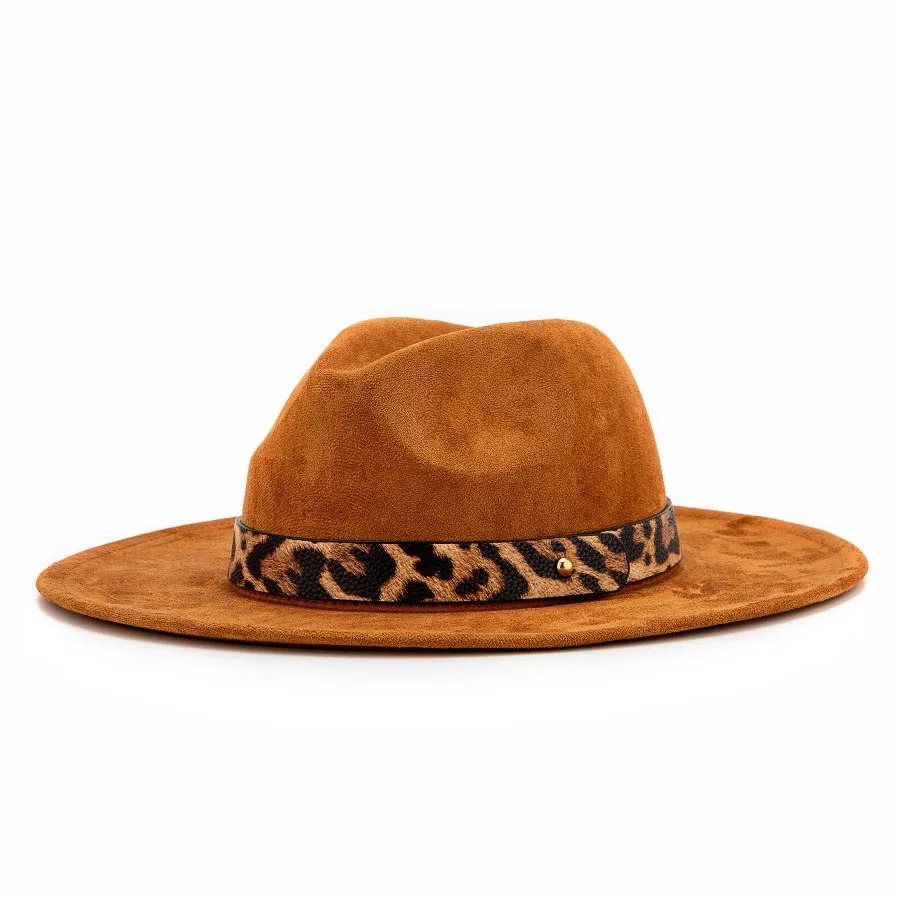 Custom Leopard Print Headband Wide Brim Suede Felt Jazz Fedora Hats Men Women Wholesale 2022