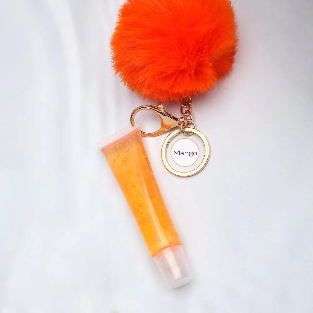 Private label lip glossy clear lip gloss container with Pompom ball chain customized liquid lipgloss with key chain