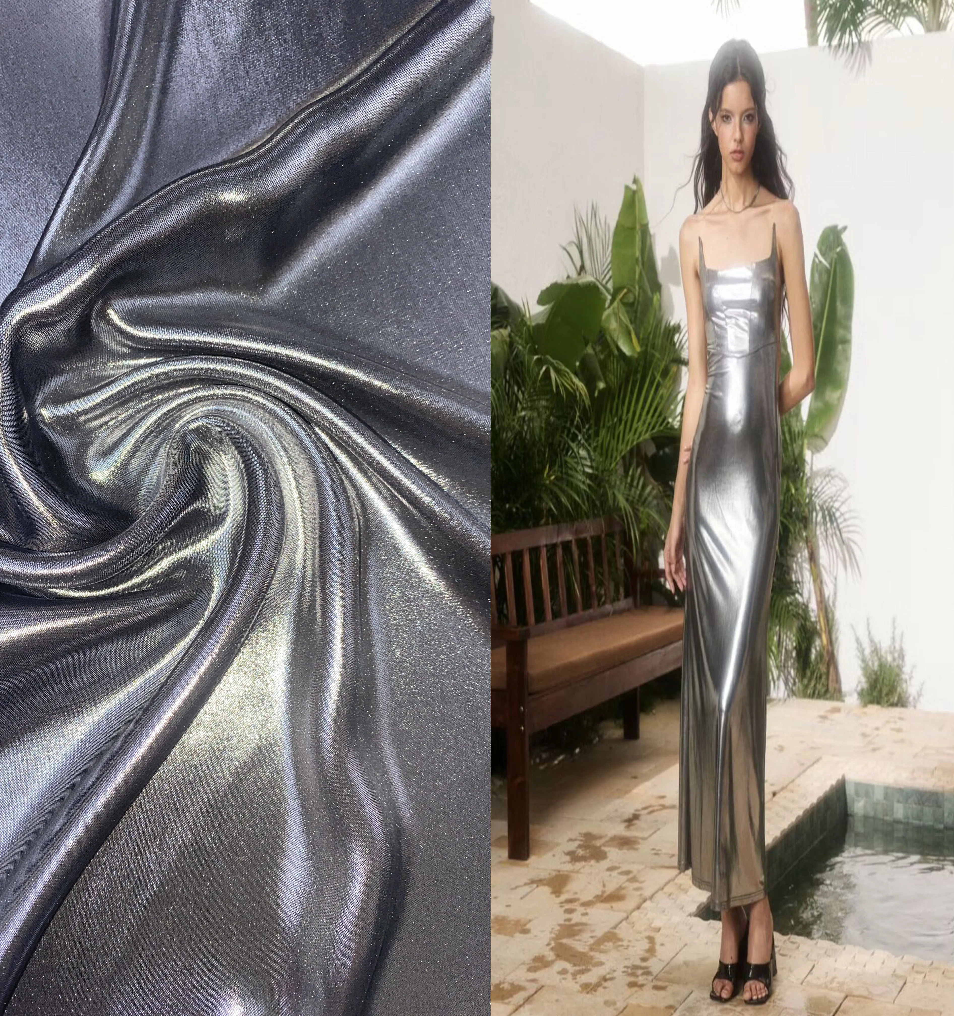 Custom wholesale high quality luxury polyester stretch double sided double shiny silky liquid satin fabric for clothing