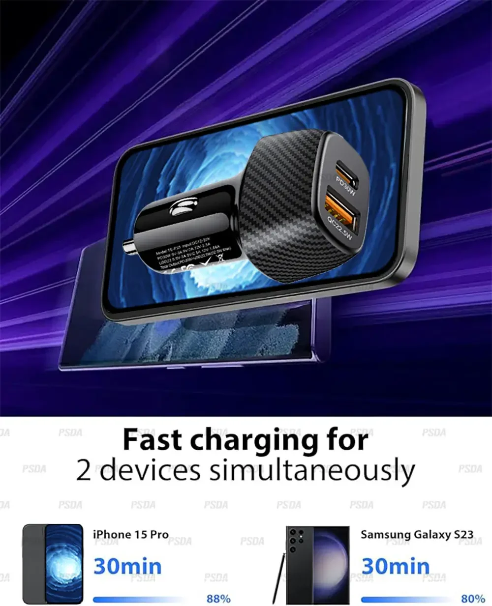 PSDA Car Charger with Plug 52.5W USB Car Charger Fast Charging PD PPS QC 3.0 USB Cigarette Lighter Charger for iPhone Samsung