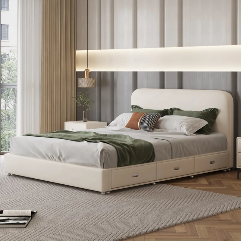 Round corner larch wood bed frame multi-storage bedroom soft bed with high security performance