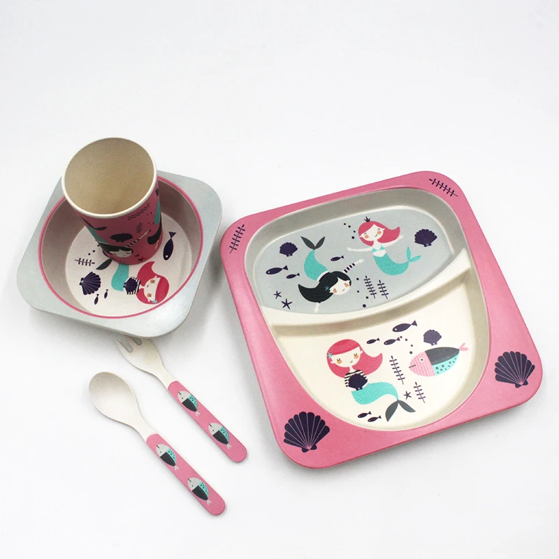 Cartoon design custom bamboo divided plate cup bowl fork and spoon dinnerware kids set