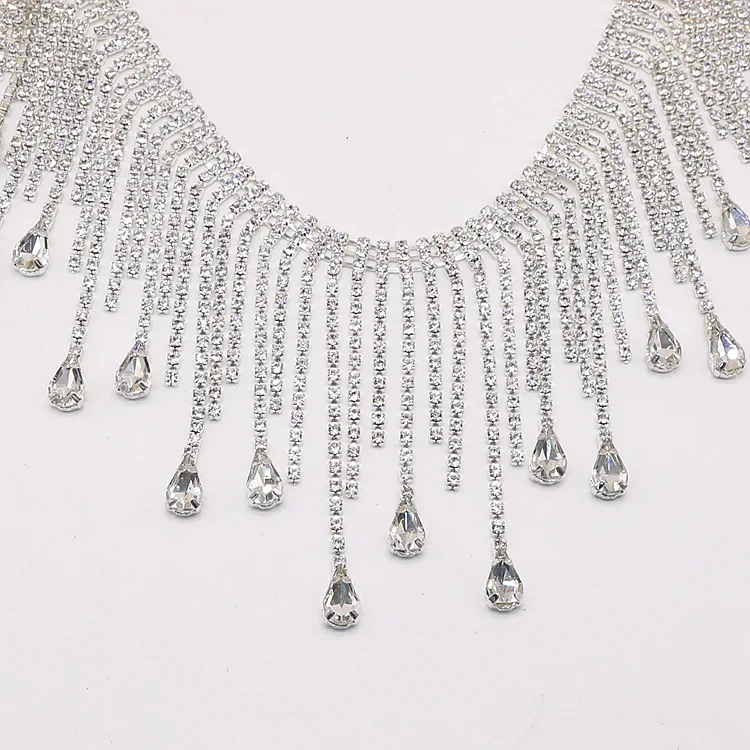 JFRT012 Bling Rhinestone Long Tassel Crystal Chain Diamante Clear Chain Rhinestone Trim Dance Clothes Collar Headband Lace Trim