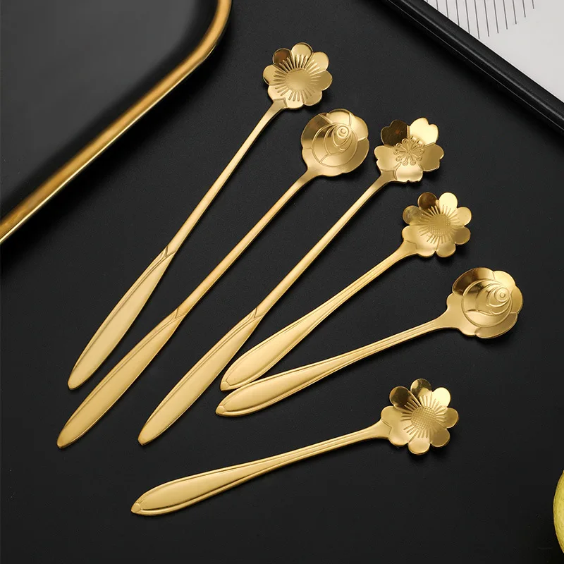 Stainless steel flower/suare/round shape gold dessert spoon tea spoon