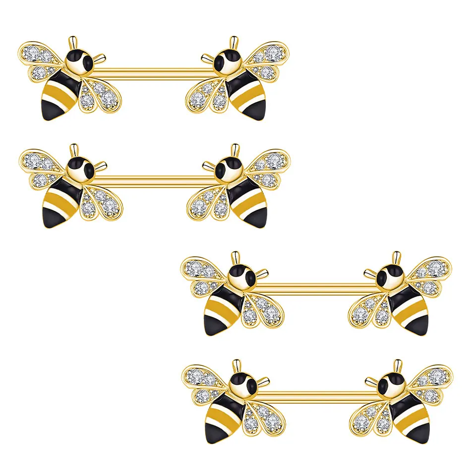 Stainless Steel Nipple Tongue Rings Bee Barbell Yellow Nipple Piercing Jewelry Body Retainer 14G