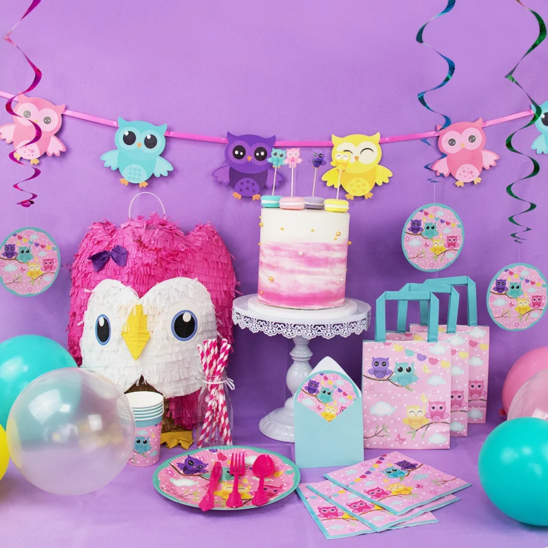 For 8 Guests-Party Supplies Owl Theme Tableware Sets Disposable Paper Plates Cups Napkins Kids Girls Birthday Wholesale