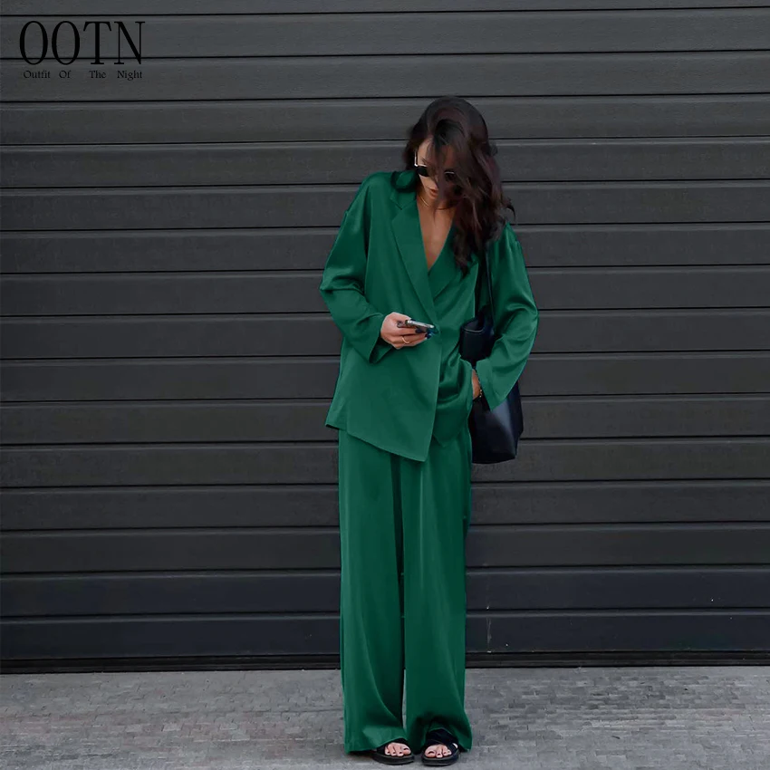 OOTN Street Style Spring Elastic Waist Wide Leg Pants Outfit Women Green Notched Tops Silky 2 Pieces Sets Office Satin Suits