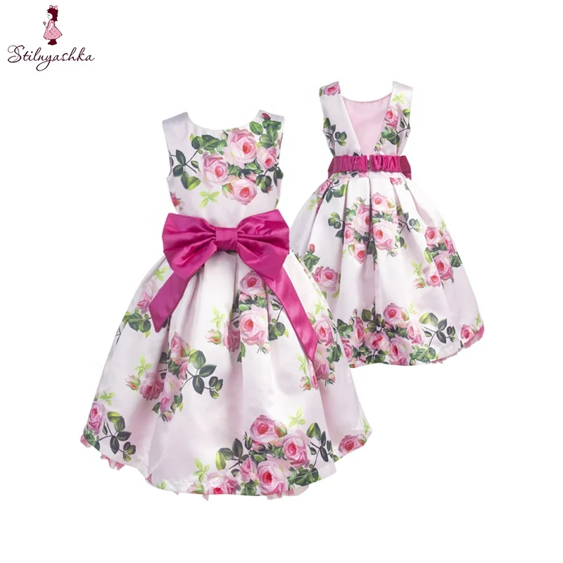 New Design Rose Print Bow Belt Birthday Princess Party Summer Children Dress For Kids Girls 2 To 14 Years Old
