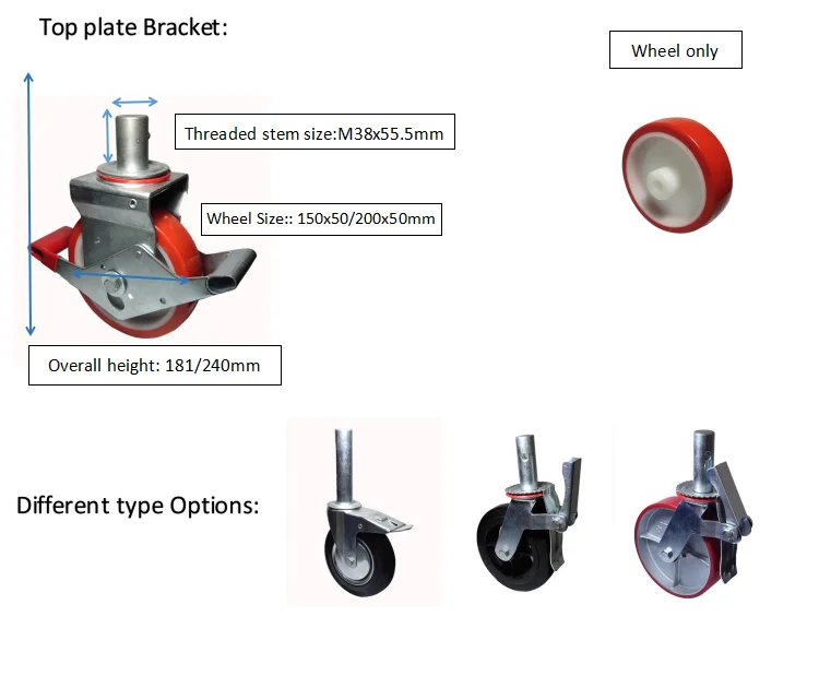 SQ custom caster manufacturing high quality 150mm/200mm 6inch/8inch heavy duty PU caster wheel for mobile scaffolding