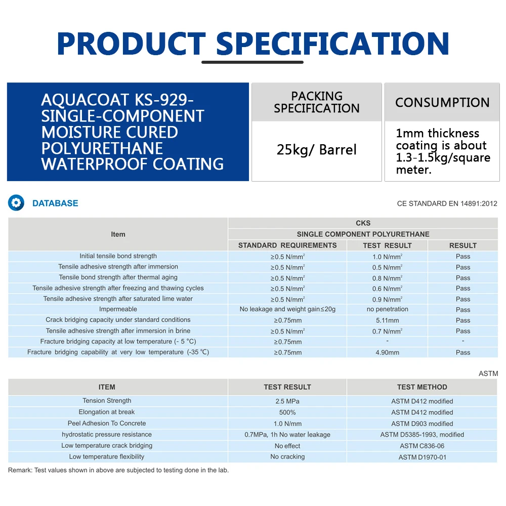 Aquacoat KS-929 water based elastomeric self leveling polyurethane epoxy acrylic polymer waterproof coating