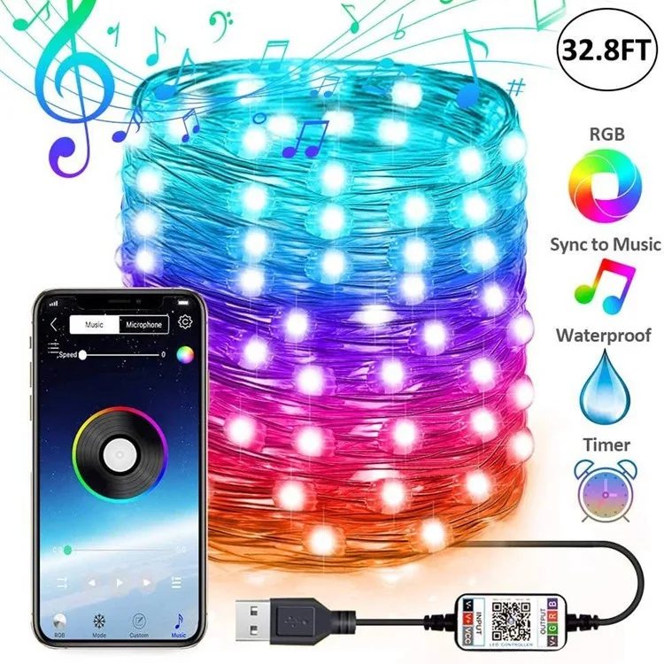 Рождественская струнная лампа RGB полноцветная музыкальная интеллектуальная управляемая USB-приложение для обесцвечивания медной проволоки