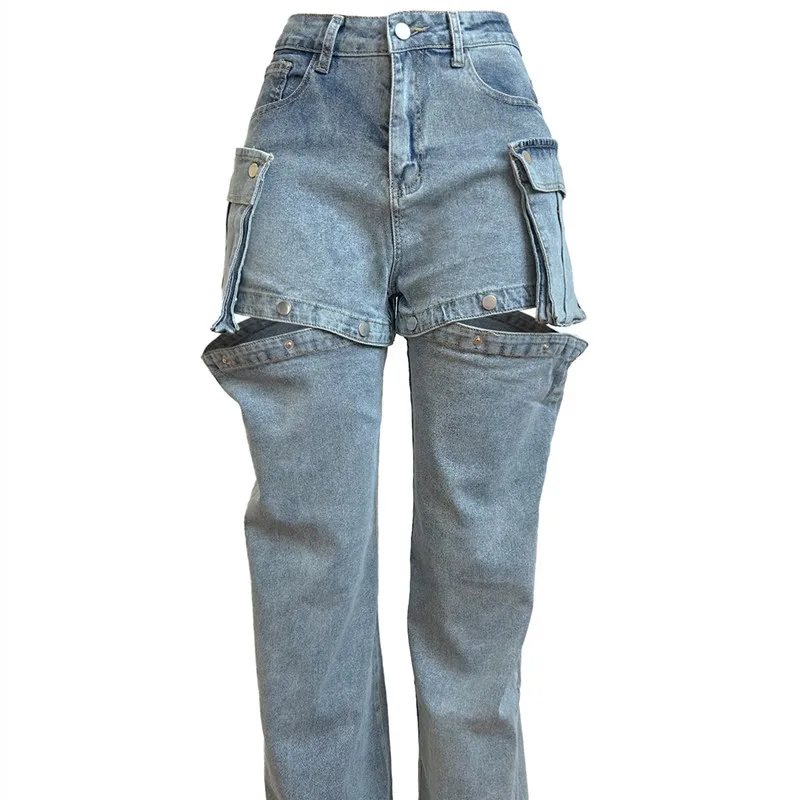 Women Fashion Trousers Denim Casual Stretch Jeans For Women Cut-Out Detachable Shorts New Fashion High Street Loose Denim Pants