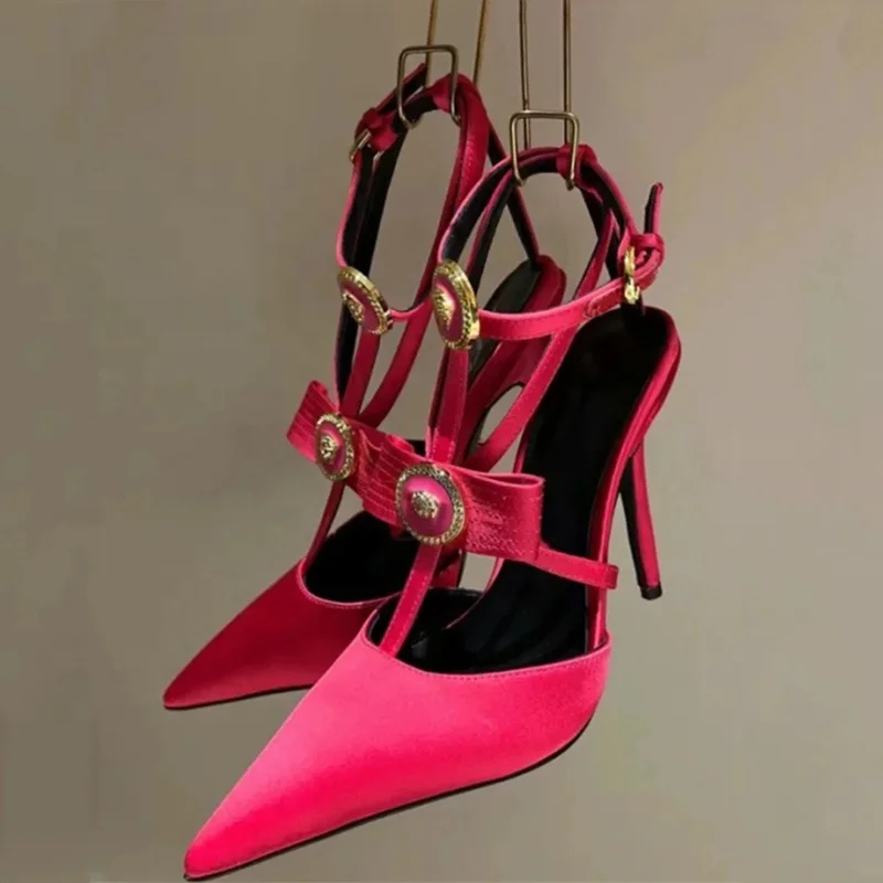 Ankle Buckles Women Metal Ornaments Stiletto High Heels Sandals Bow T-strap Slingback Ladies Summer Satin Dress Shoes