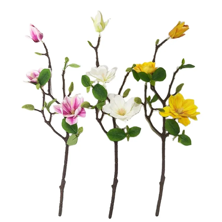 Latex Real Touch 3D 3 Heads Artificial Magnolia Flower Stem Fake Magnolia Branch For Home Decoration