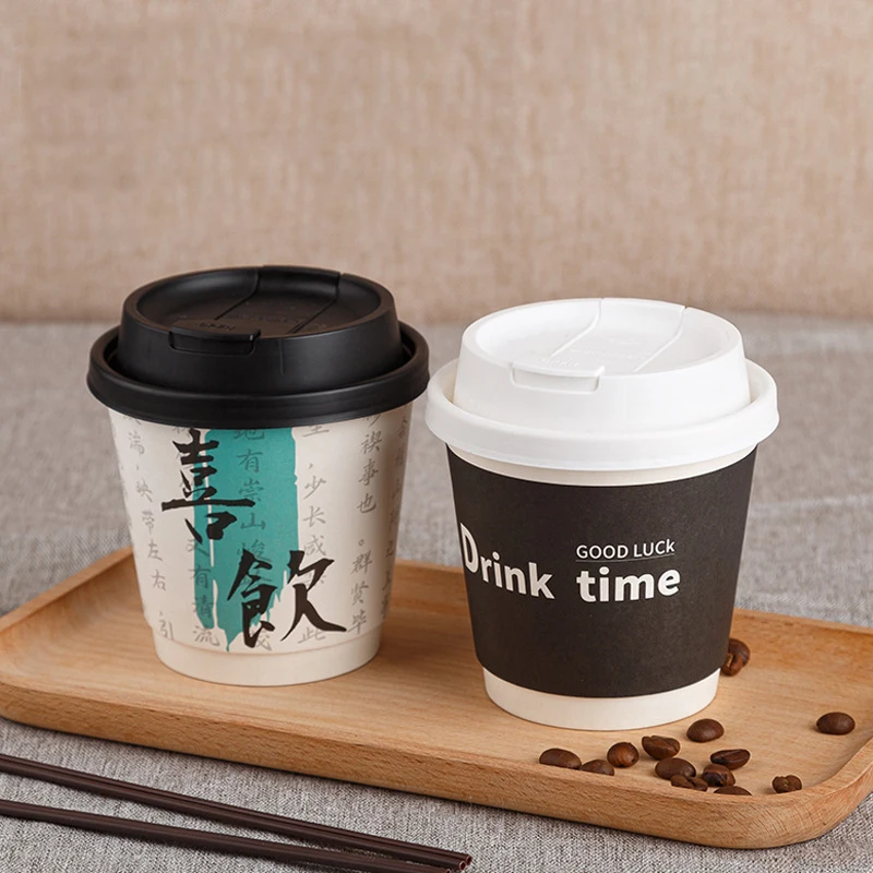 Custom Logo Printed 8Oz 10Oz 12oz 14Oz 16Oz Single Wall Double Walls Disposable White kraft Paper Coffee Cup with Lids
