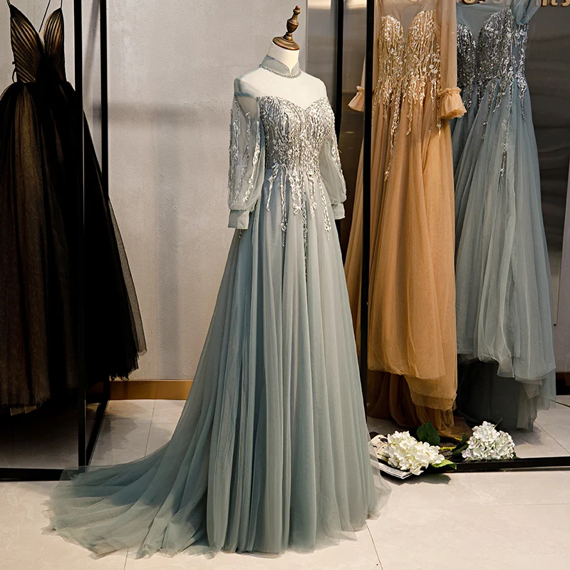 QUEENS GOWN  Stand Collar Long Sleeve Embroidery Soft Tulle A-line Princess Prom Dress