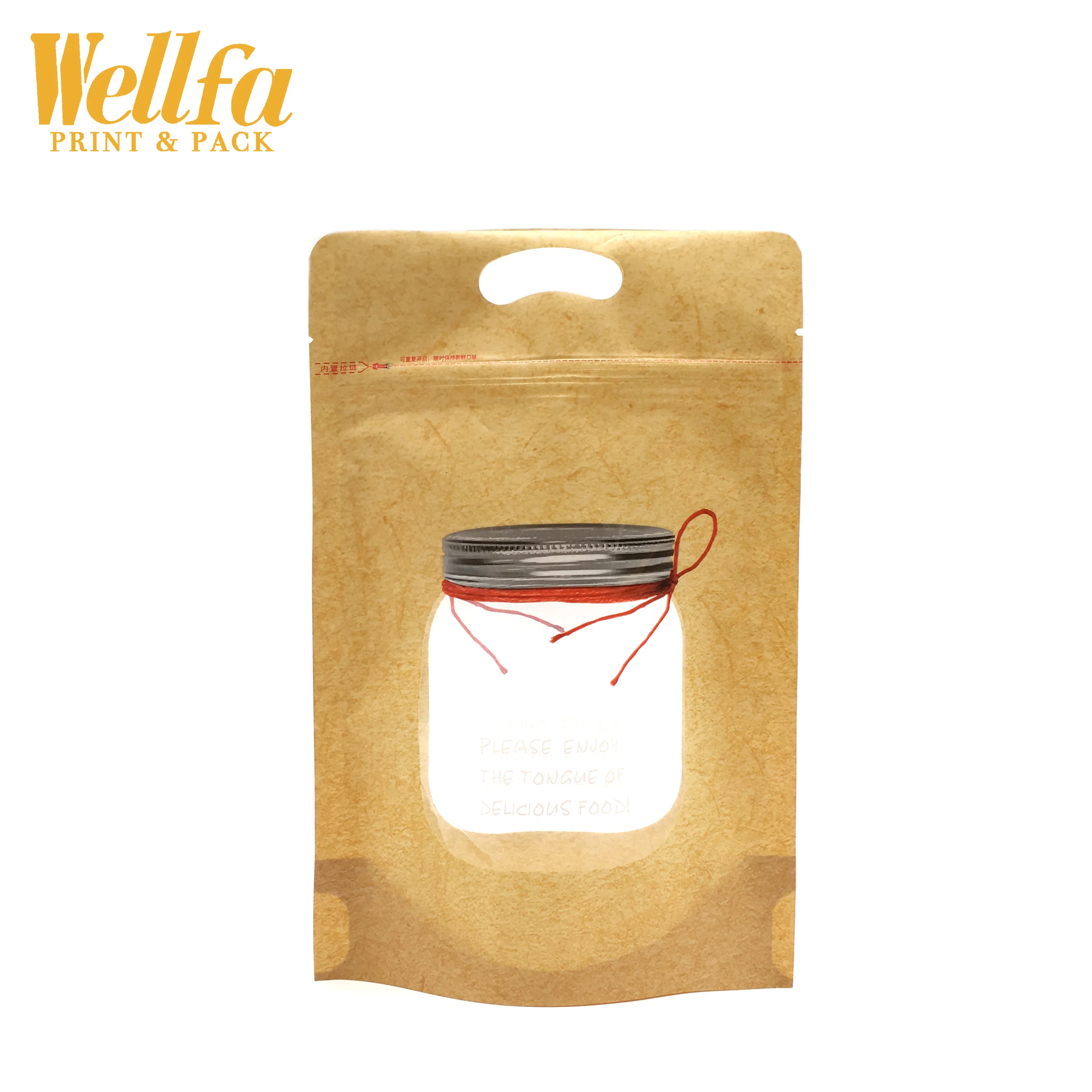 OEM Factory Custom Print Transparent Bottle Shape Stand Up Kraft Paper Zipper Stand Up Kraft Paper Pouch Bag With Window