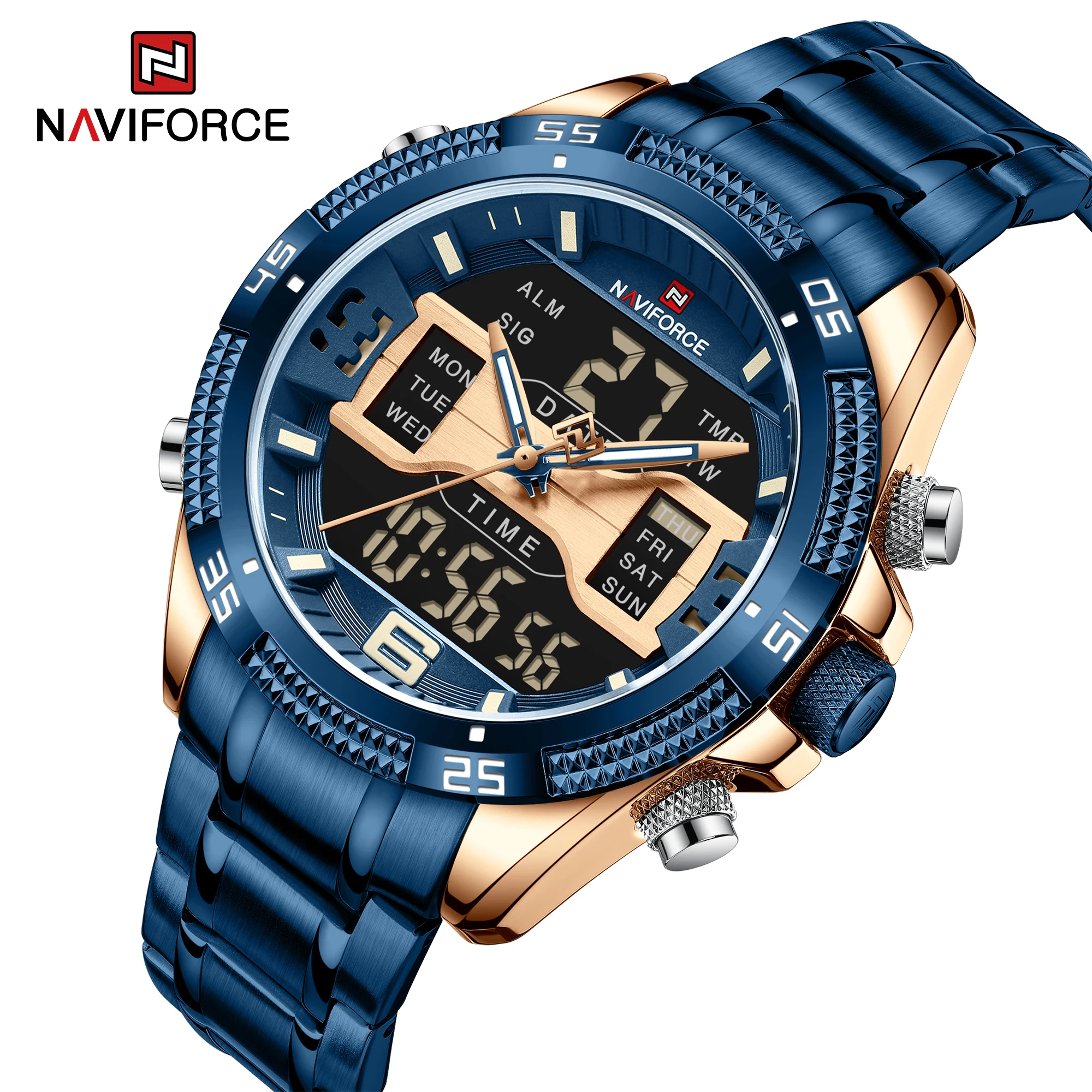 Часы наручные NAVIFORCE Мужские кварцевые, роскошные Брендовые спортивные цифровые аналоговые водонепроницаемые с двойным дисплеем