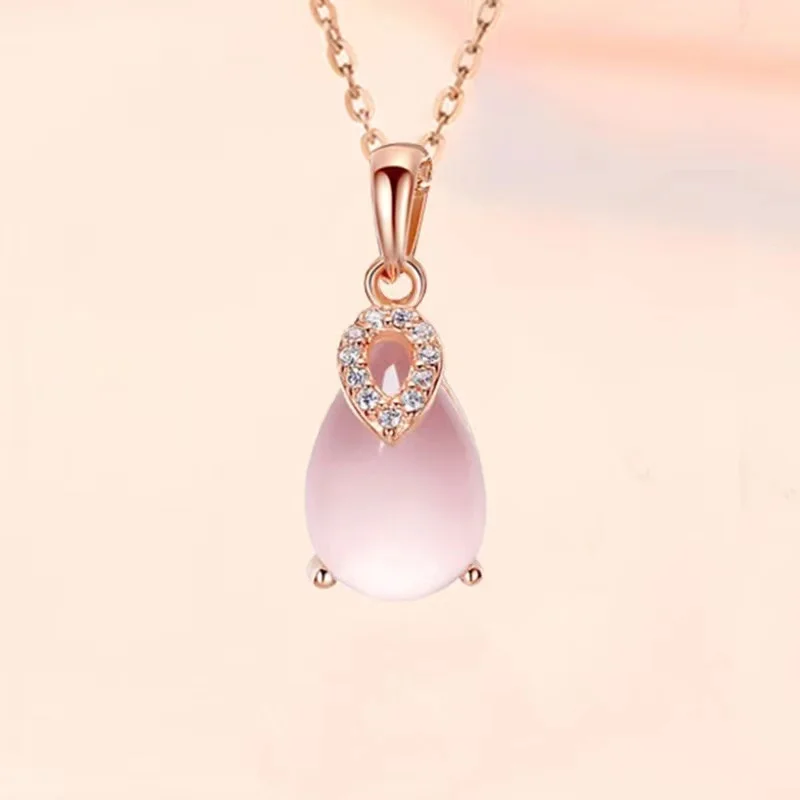 S925 Silver Natural Rose Quartz Crystal Stone Pendant Necklace for Women Gemstone Fashion Jewelry