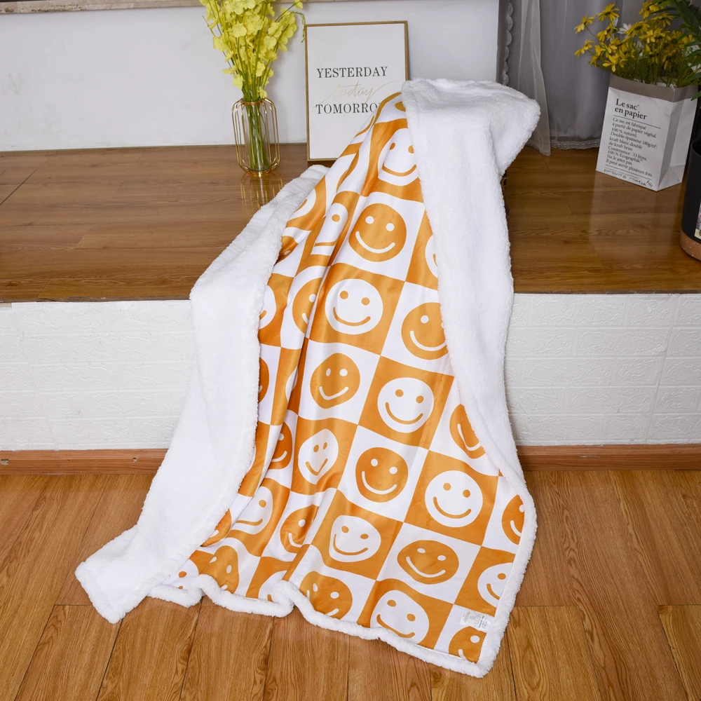 soft smiley face plush warm king size Custom print sherpa throw blanket reversible soft blank for winter for bed sofa home couch